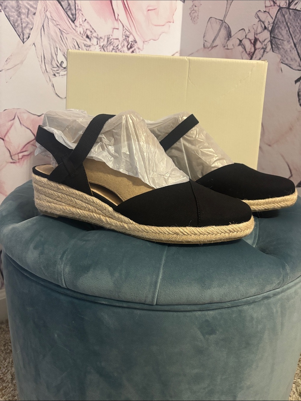 Life Stride Black Canvas Espadrille Wedge Slingback